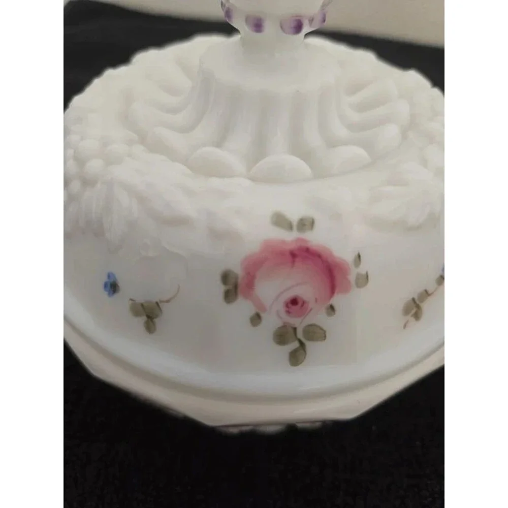 Westmoreland Milk Glass Paneled Grape Hand Painted Candy Dish Vanity Powder Box